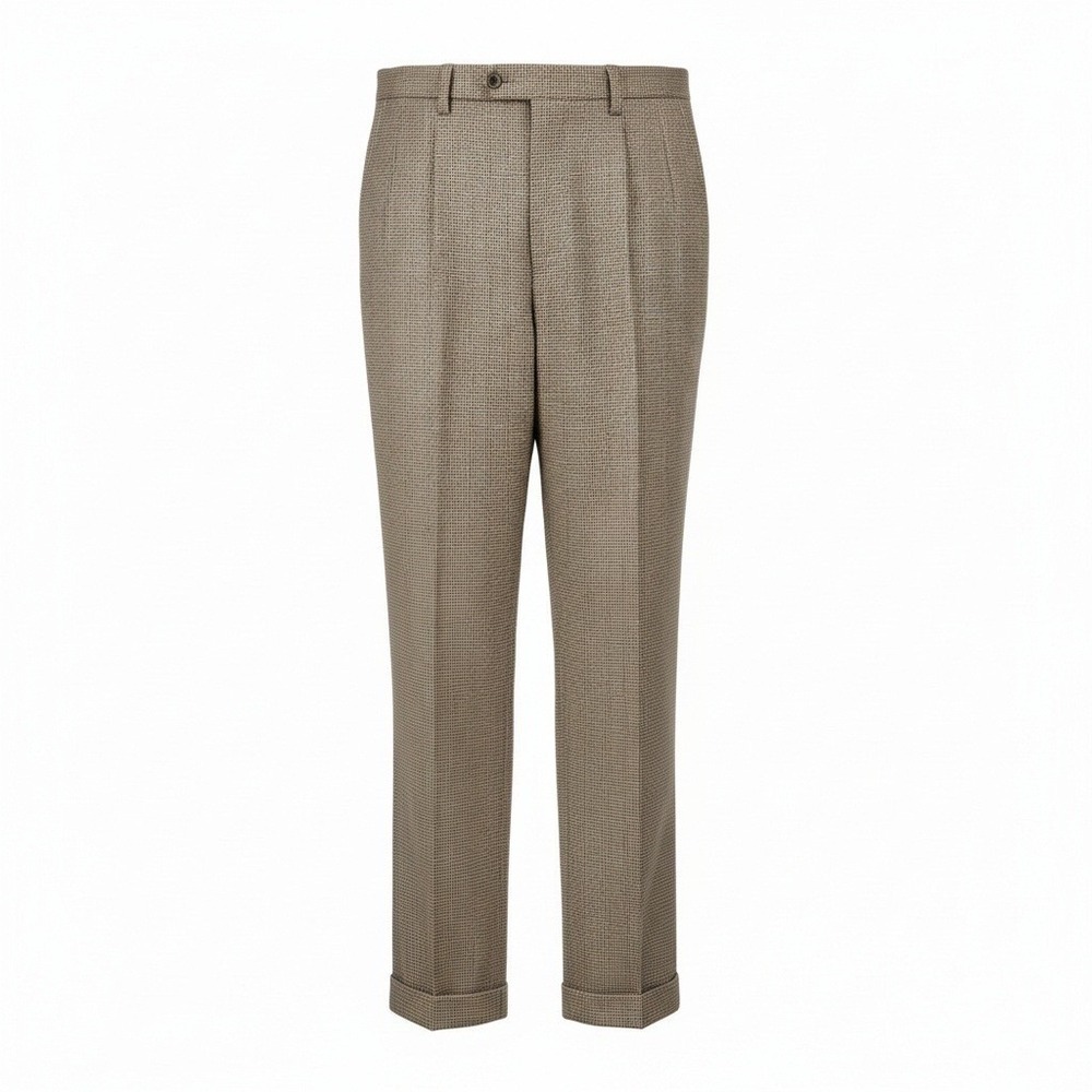 Steve Harvey Dress Pants Mens 36x32 Tan Houndstooth Pleated Cuffed Rayon